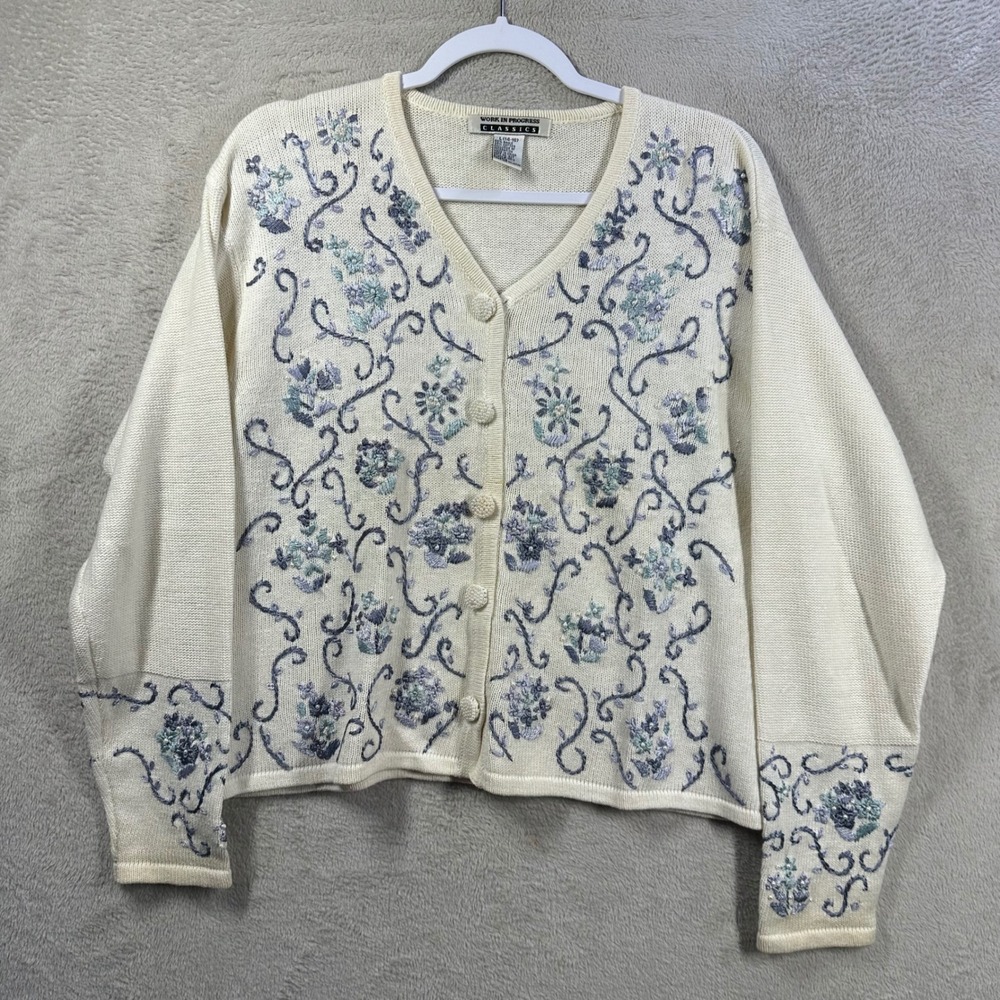 Work In Progress Classics Cardigan Women L Cream Floral Embroidered Vtg Pearl